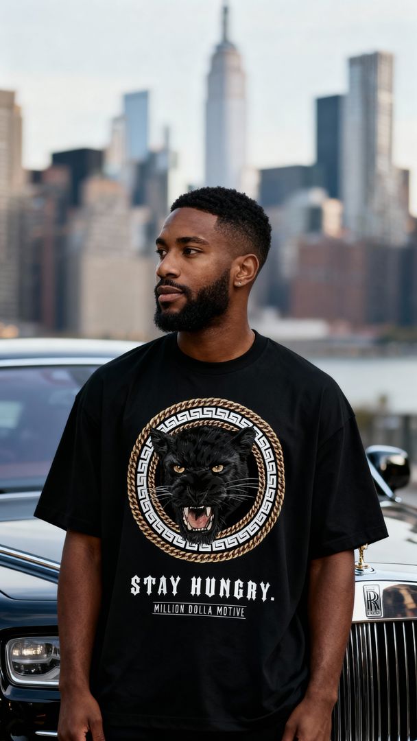 Stay Hungry Panther - Gold on Black T-Shirt - Image 2