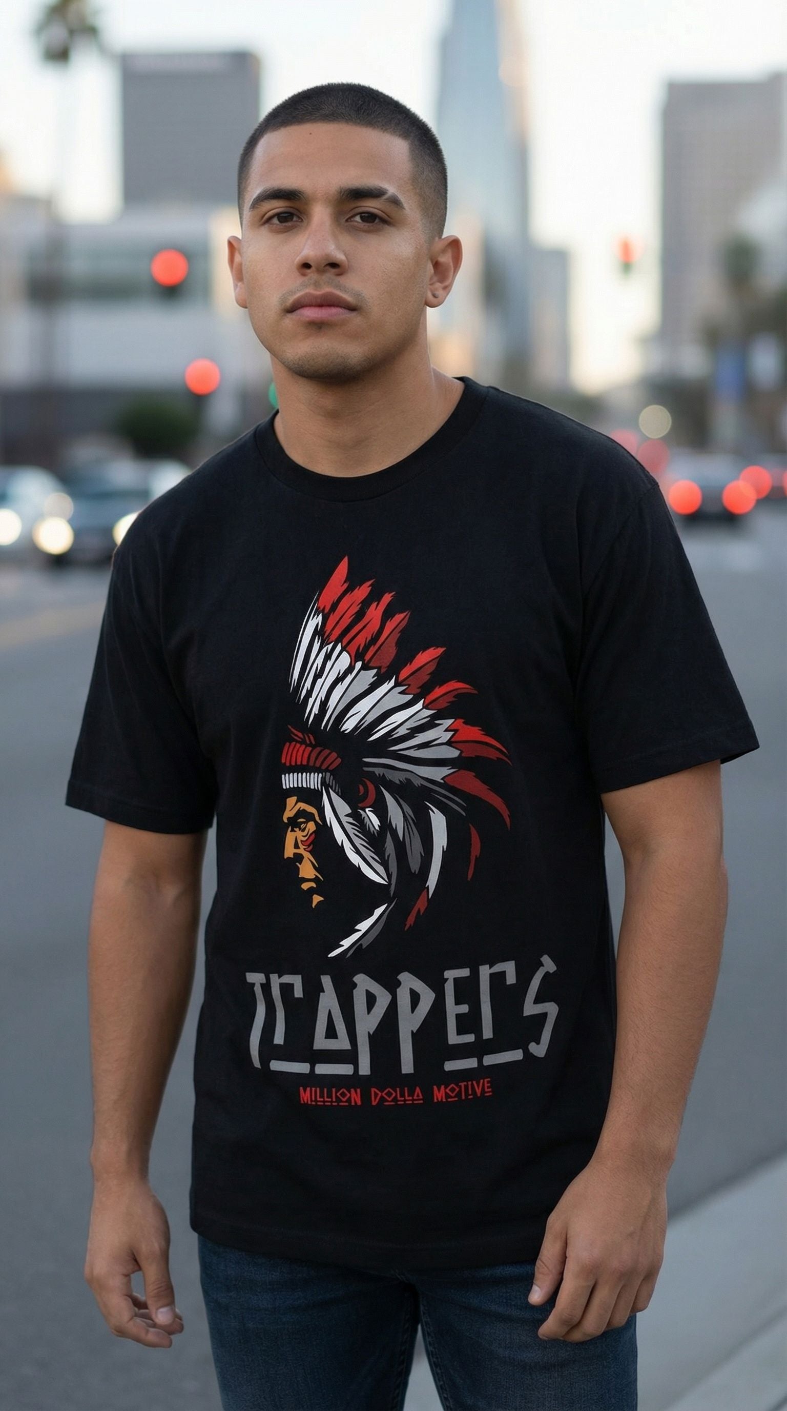 Trappers - Red on Black T-Shirt - Image 2