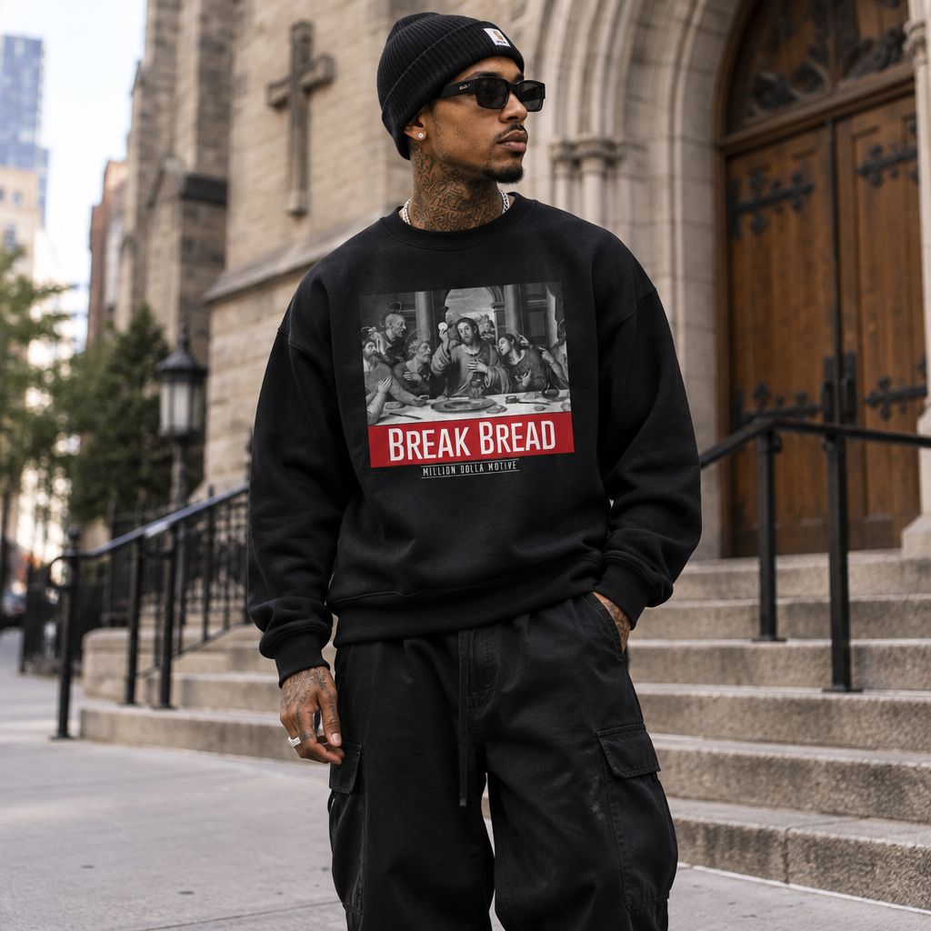 Break Bread - Red on Black Crewneck Sweatshirt - Image 2