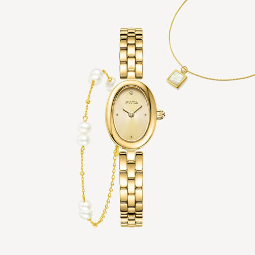 Little Golden Bean Watches & Pearl Bracelet & Mother-of-Pearl Necklace Gift Set