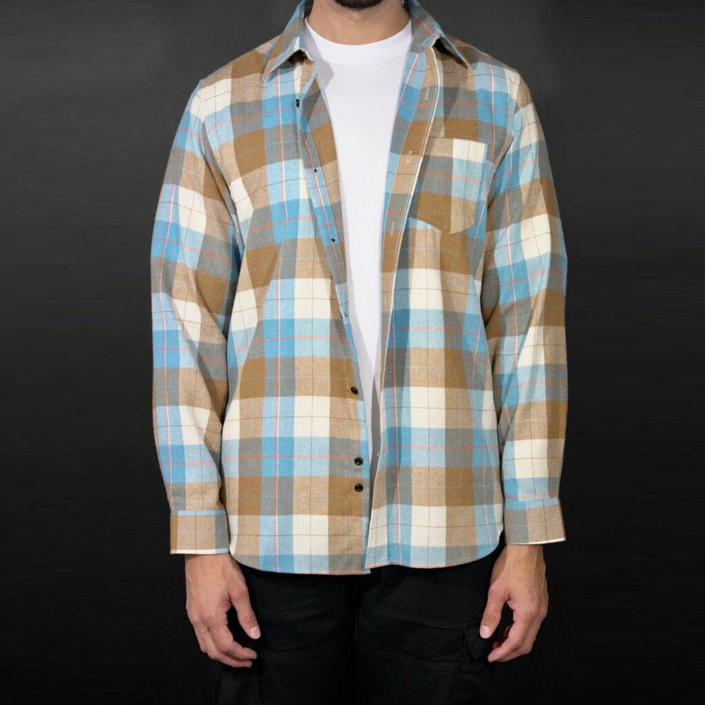 Baby Blue and Tan Flannel Long Sleeve Shirt - Image 3