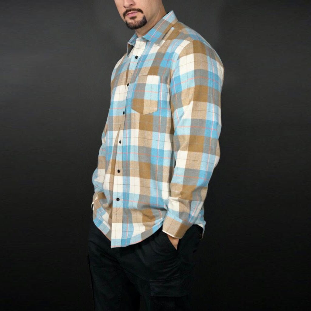 Baby Blue and Tan Flannel Long Sleeve Shirt - Image 2