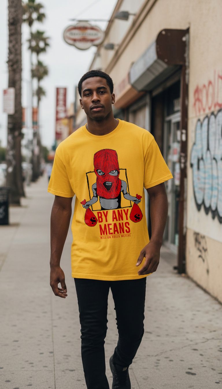 By Any Means - Red on Golden Yellow T-Shirt - Image 2