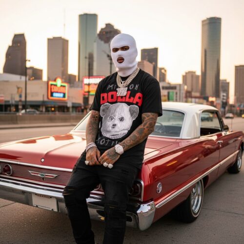 Ski Mask Teddy Face - Infrared on Black T-Shirt