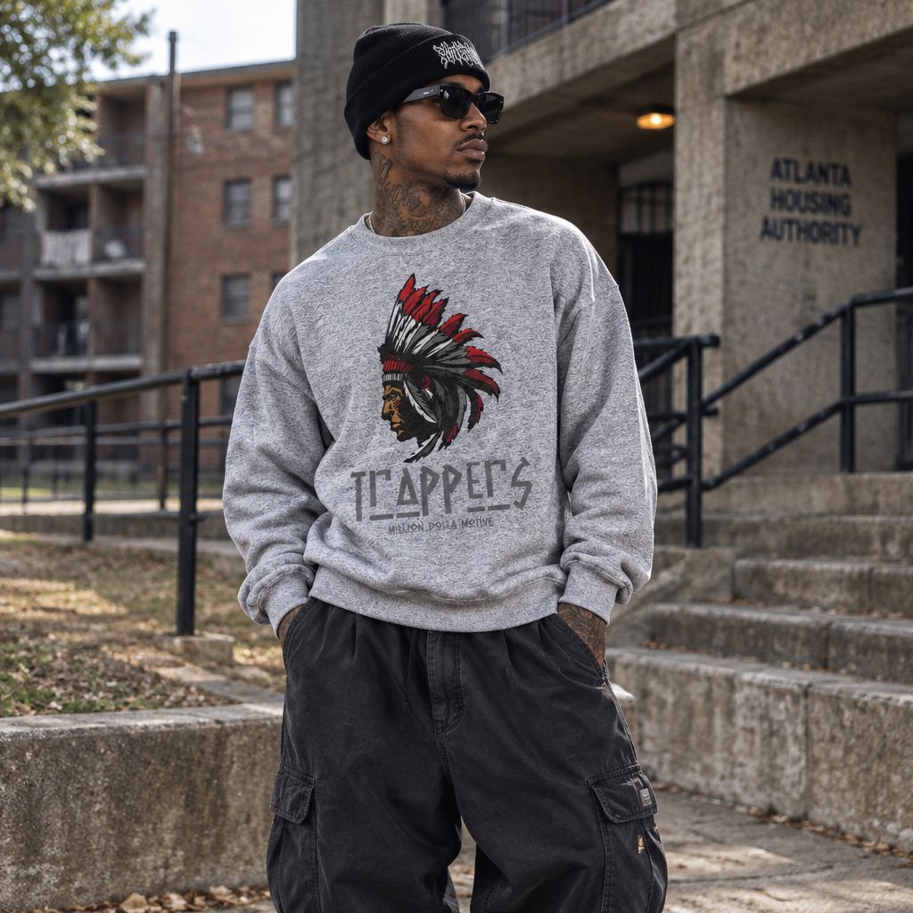 Trappers - Red on Heather Grey Crewneck Sweatshirt - Image 2