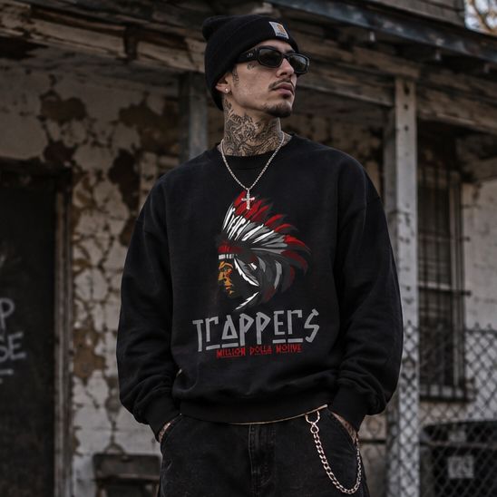 Trappers - Red on Black Crewneck Sweatshirt - Image 2